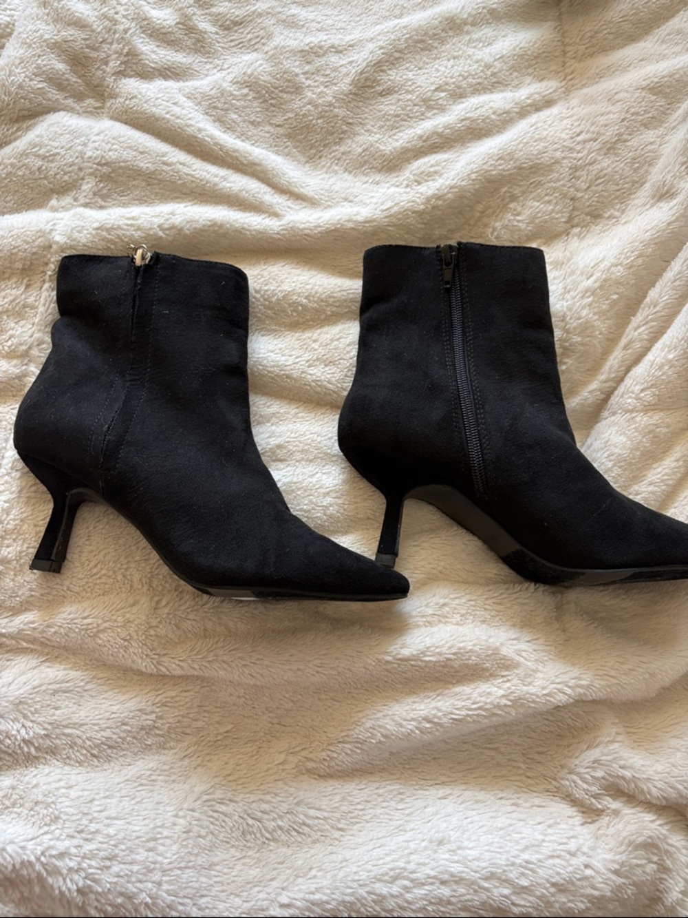 Open Edit Black Suede Pointed-Toe Ankle Booties with Kitten Heel - Size 6M